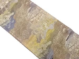 アンティーク　屋敷風景に荒波・草花模様織出し袋帯（着用可）